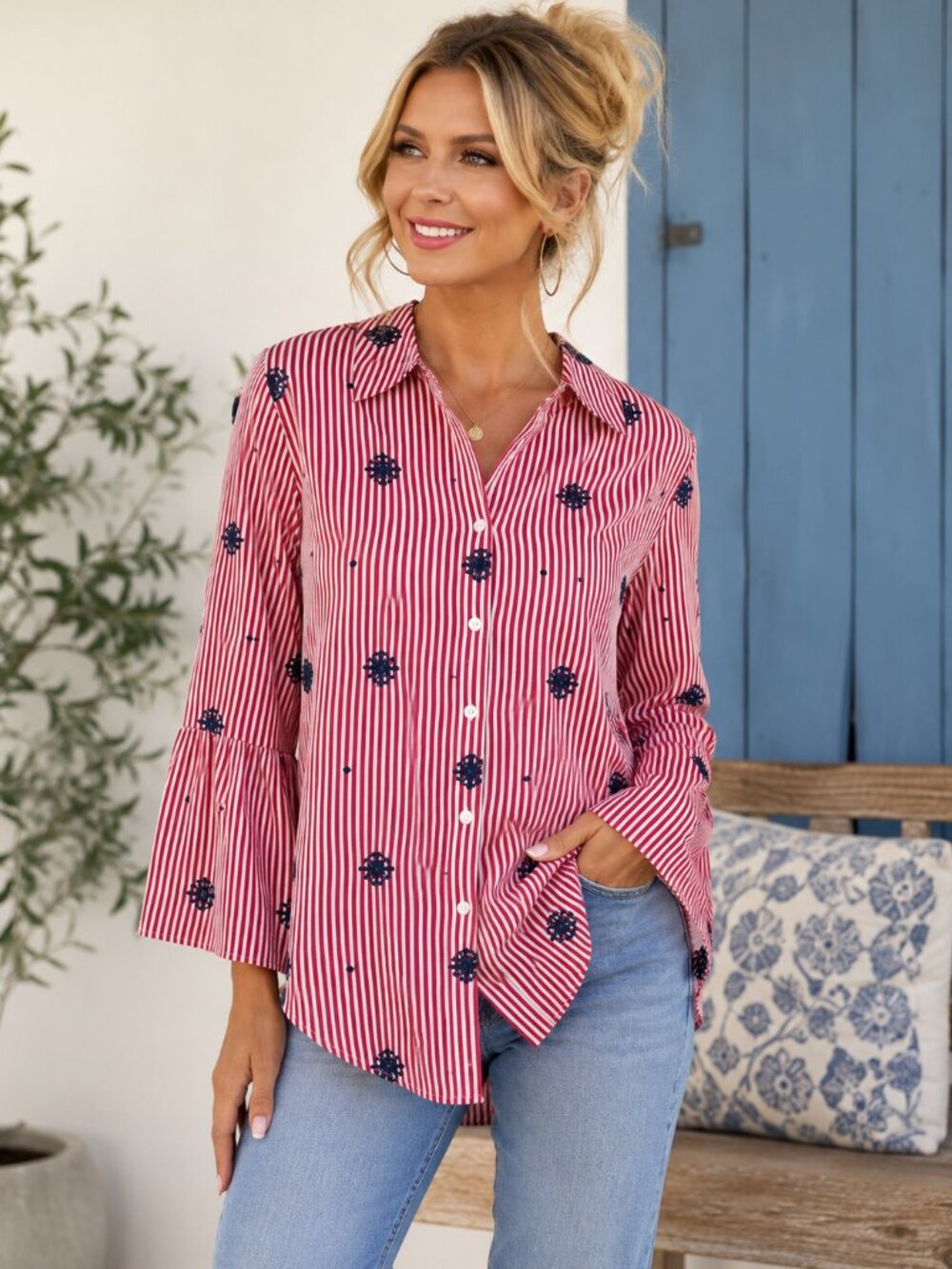 Ruby Rd. Embroidered Red & White Stripe Cotton Button Front Bell Sleeve Blouse S
